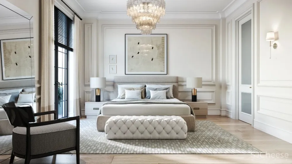 精致的石膏线条与黄铜，这样恰到好处的轻奢风甜而不腻，华丽而不俗气