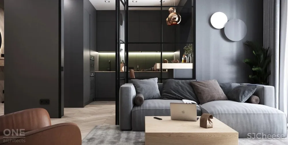 55㎡现代一居室,黑色 木色,舒适大方!