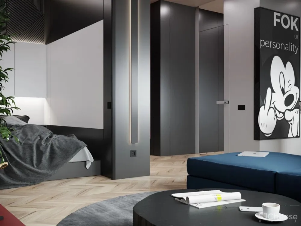 55㎡现代一居室,黑色 木色,舒适大方!