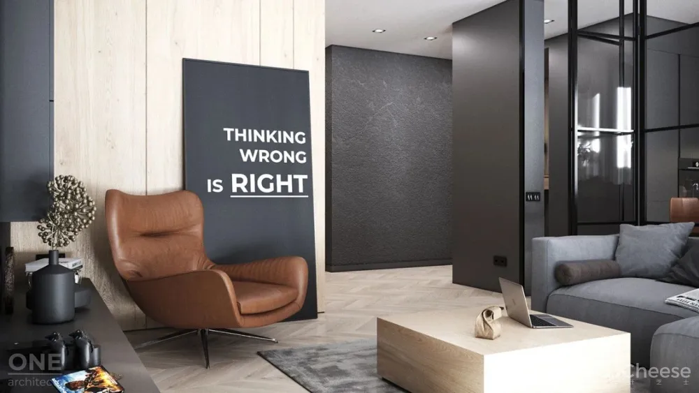 55㎡现代一居室,黑色 木色,舒适大方!