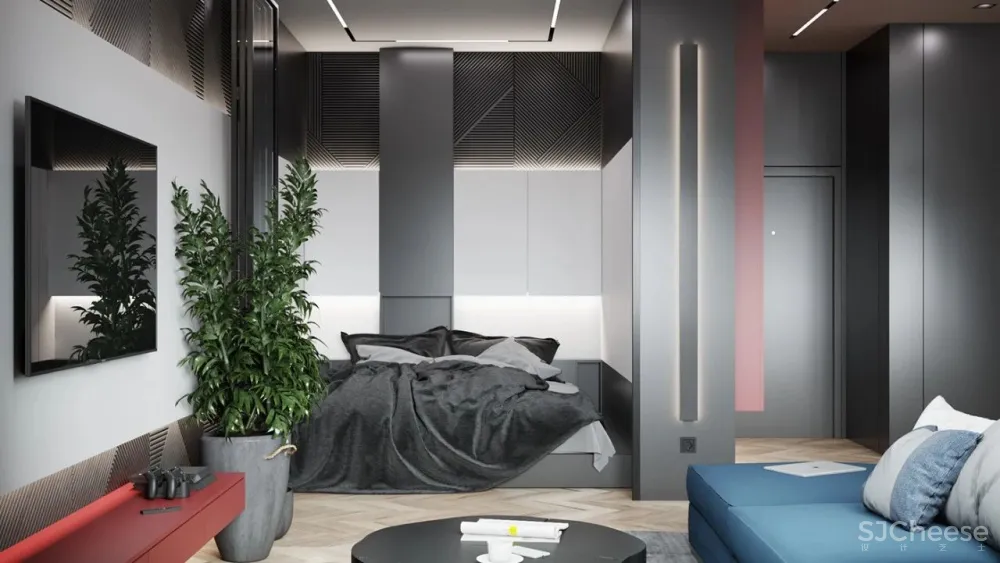 55㎡现代一居室,黑色 木色,舒适大方!