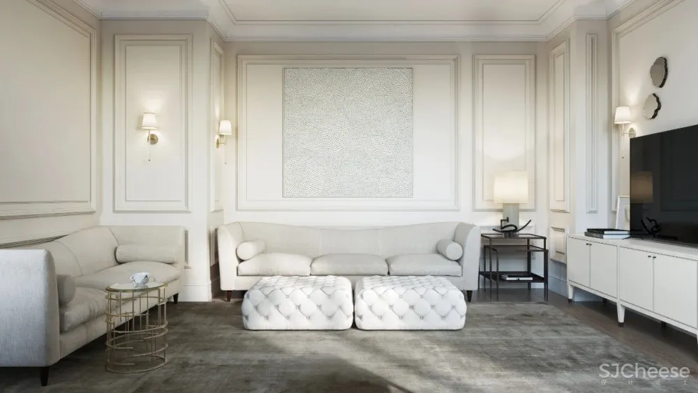 精致的石膏线条与黄铜，这样恰到好处的轻奢风甜而不腻，华丽而不俗气