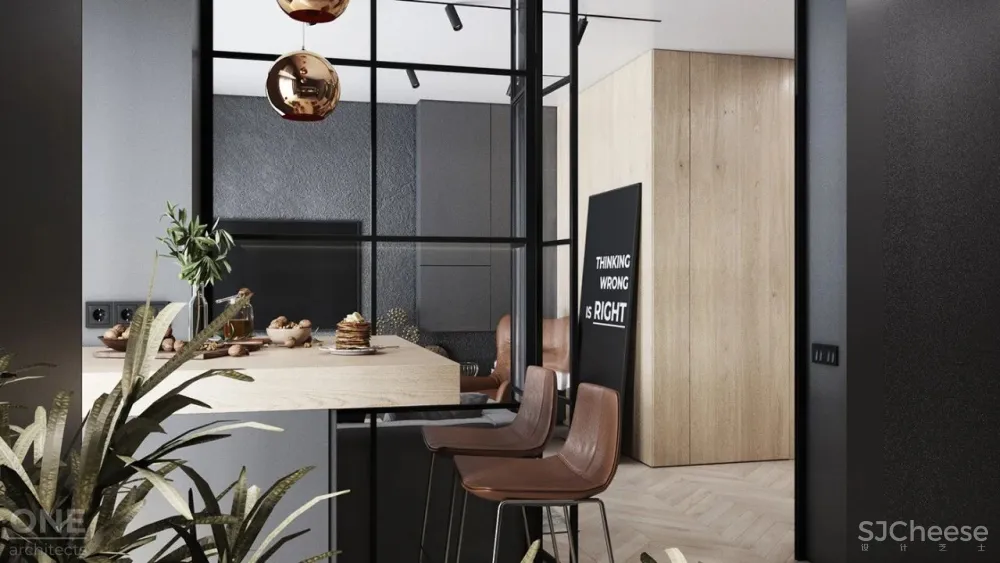 55㎡现代一居室,黑色 木色,舒适大方!