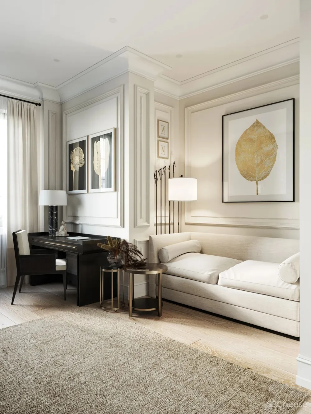 精致的石膏线条与黄铜，这样恰到好处的轻奢风甜而不腻，华丽而不俗气