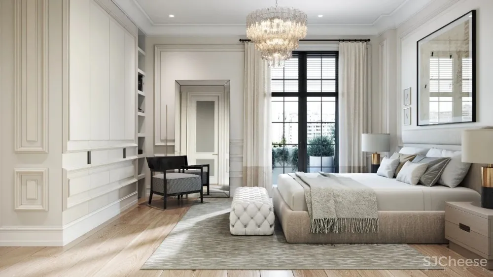 精致的石膏线条与黄铜，这样恰到好处的轻奢风甜而不腻，华丽而不俗气