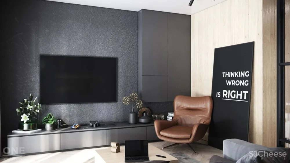 55㎡现代一居室,黑色 木色,舒适大方!