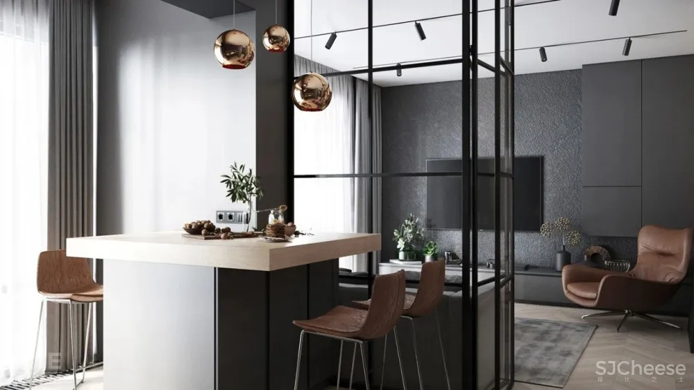 55㎡现代一居室,黑色 木色,舒适大方!