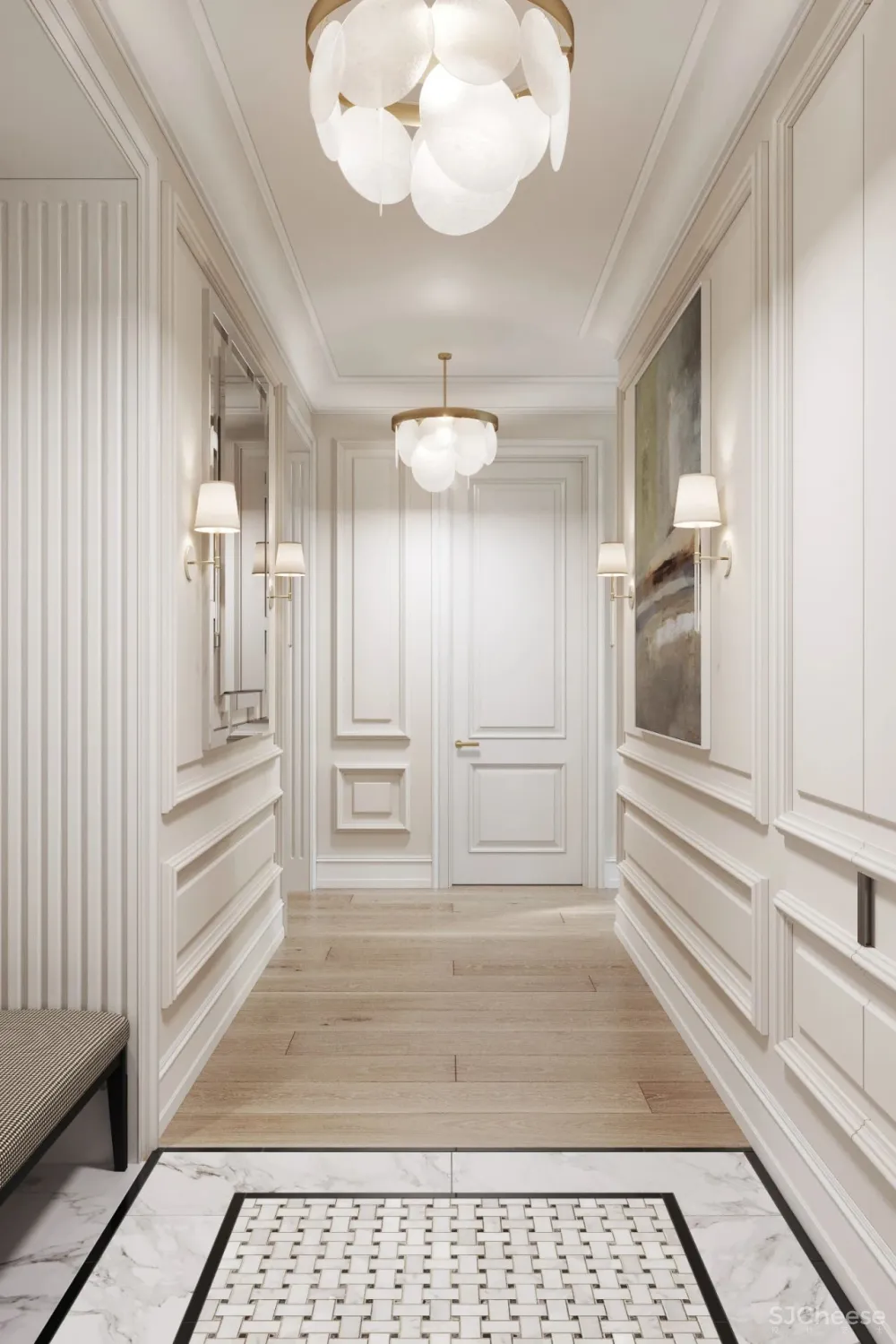 精致的石膏线条与黄铜，这样恰到好处的轻奢风甜而不腻，华丽而不俗气