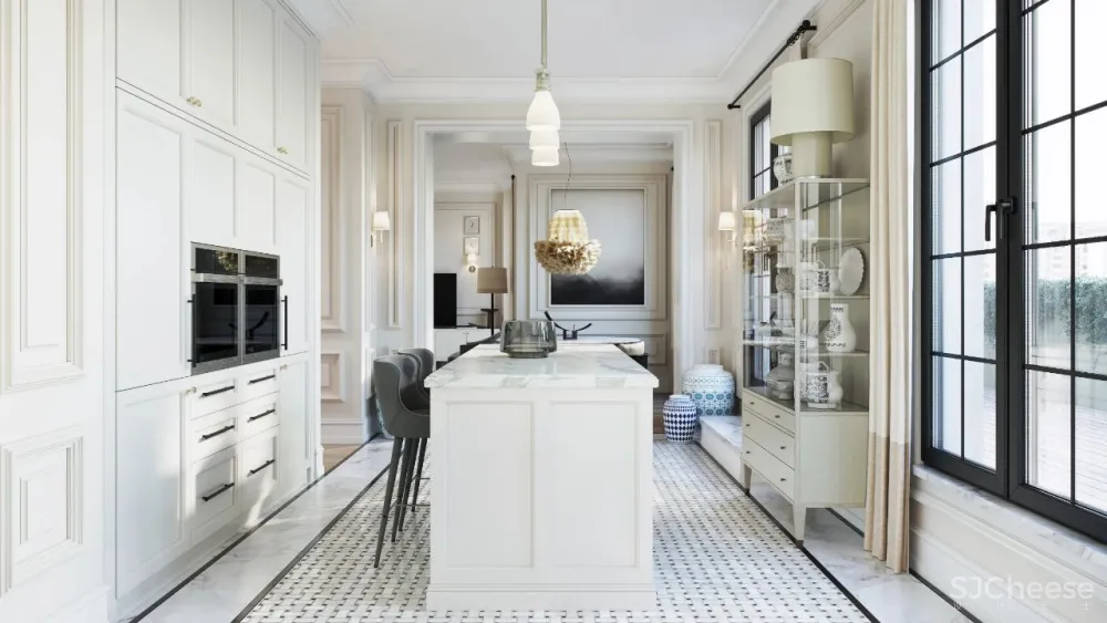 精致的石膏线条与黄铜，这样恰到好处的轻奢风甜而不腻，华丽而不俗气