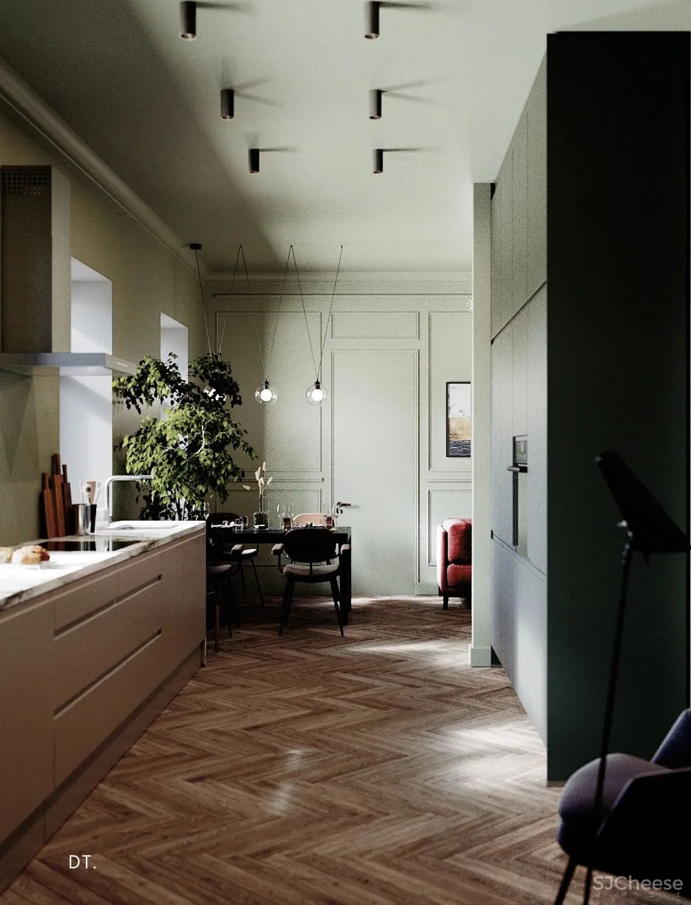 橄榄绿 勃艮第红,78m² 轻奢公寓设计