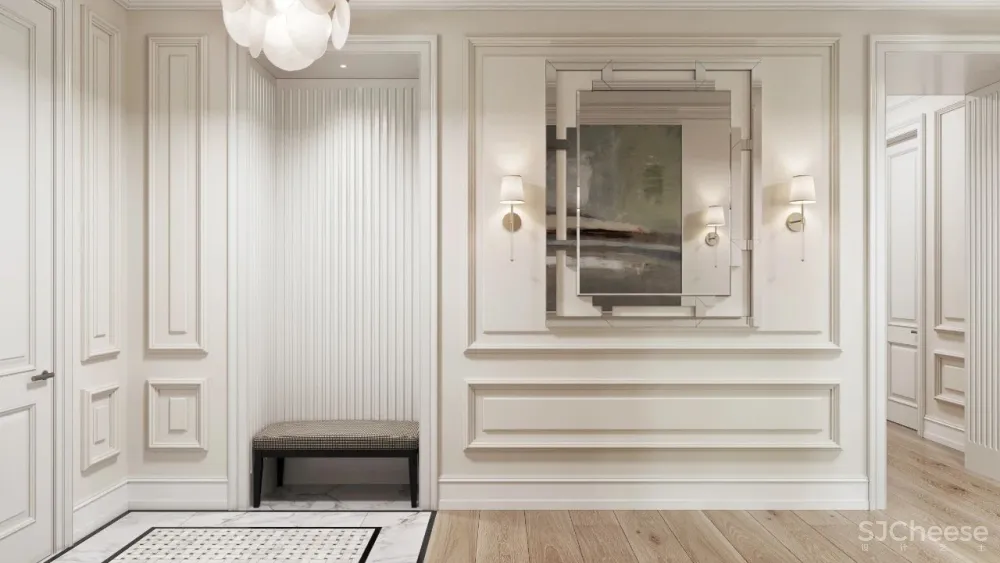 精致的石膏线条与黄铜，这样恰到好处的轻奢风甜而不腻，华丽而不俗气