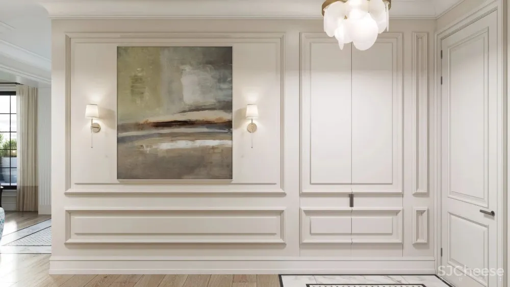 精致的石膏线条与黄铜，这样恰到好处的轻奢风甜而不腻，华丽而不俗气