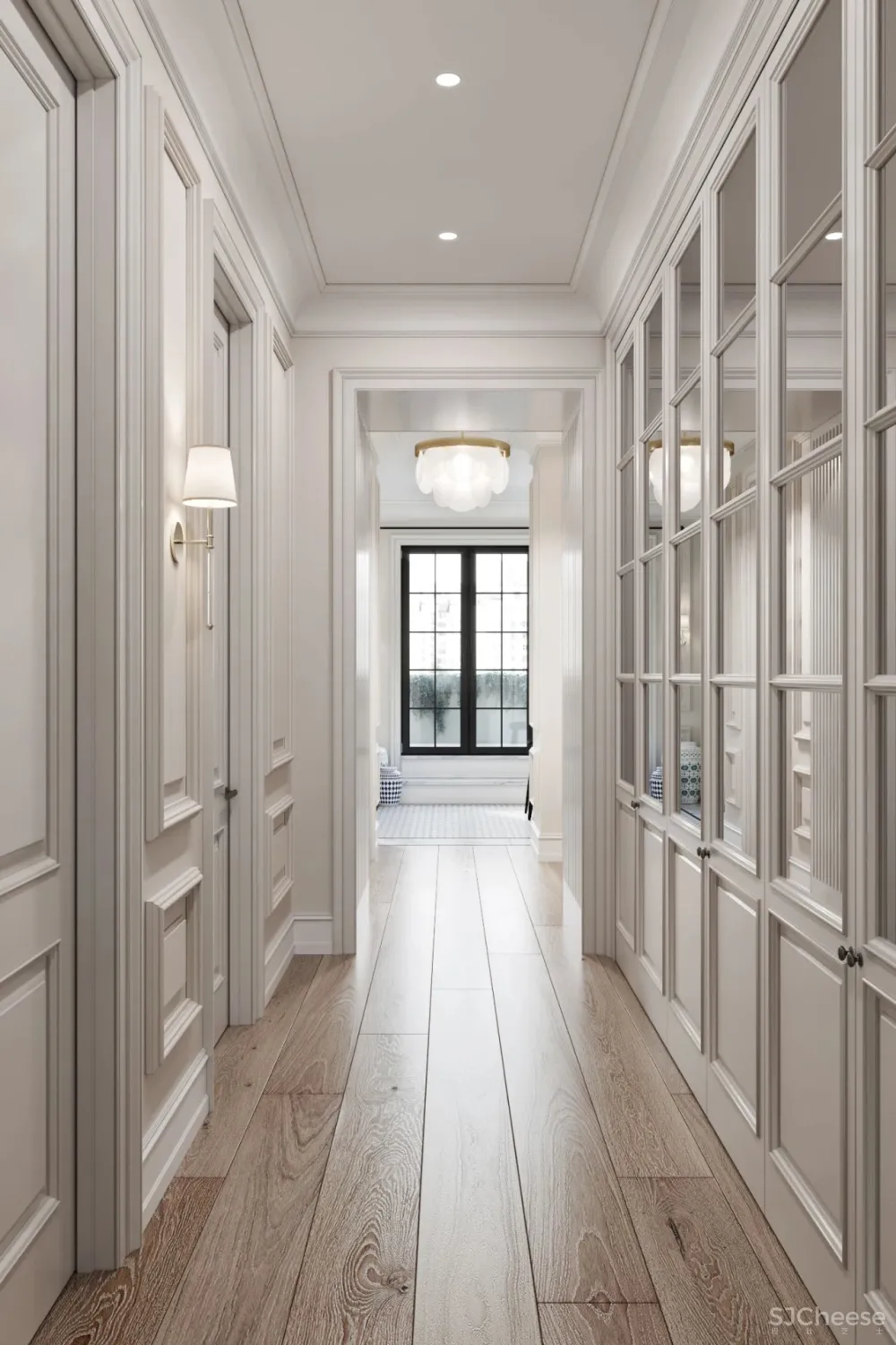 精致的石膏线条与黄铜，这样恰到好处的轻奢风甜而不腻，华丽而不俗气