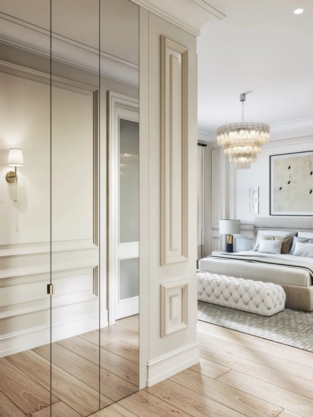 精致的石膏线条与黄铜，这样恰到好处的轻奢风甜而不腻，华丽而不俗气