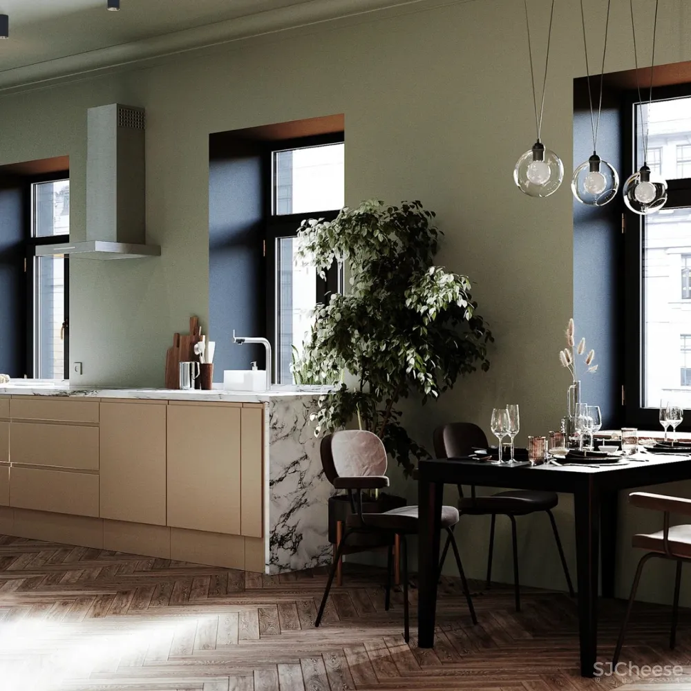 橄榄绿 勃艮第红,78m² 轻奢公寓设计