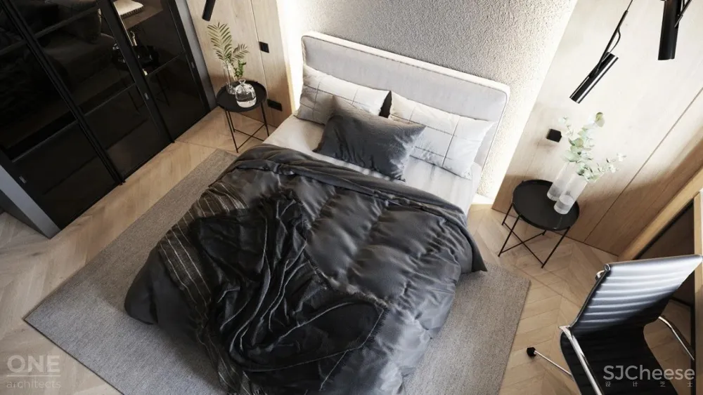 55㎡现代一居室,黑色 木色,舒适大方!