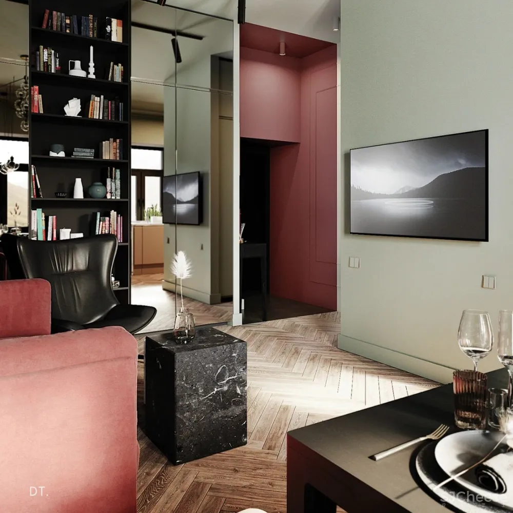 橄榄绿 勃艮第红,78m² 轻奢公寓设计