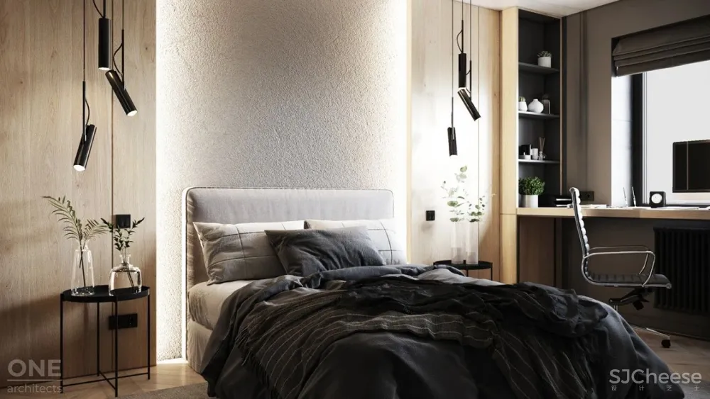 55㎡现代一居室,黑色 木色,舒适大方!