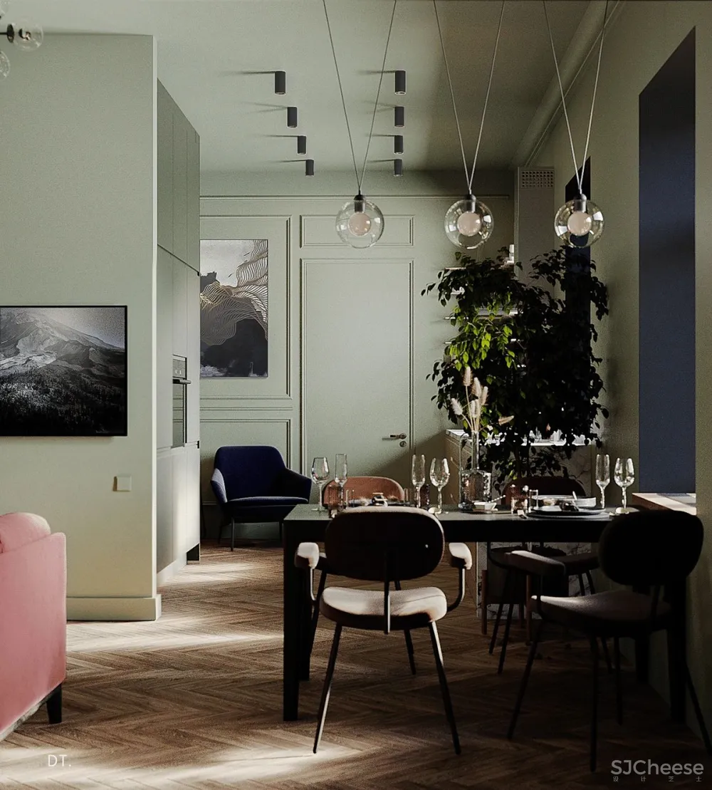 橄榄绿 勃艮第红,78m² 轻奢公寓设计