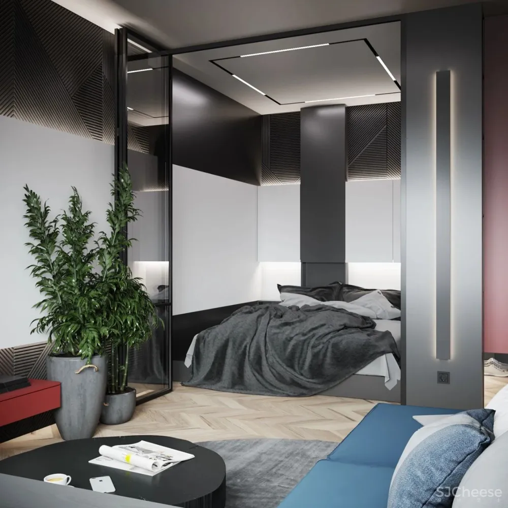 55㎡现代一居室,黑色 木色,舒适大方!