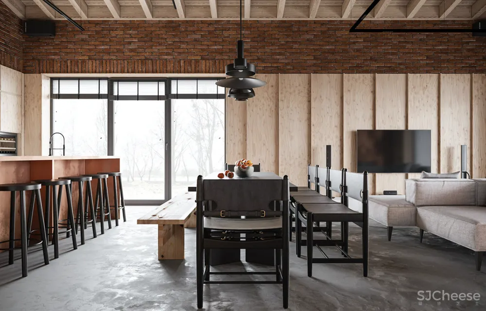 砖墙 木饰面，工业风这样设计超有范