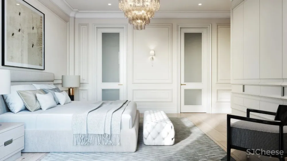 精致的石膏线条与黄铜，这样恰到好处的轻奢风甜而不腻，华丽而不俗气