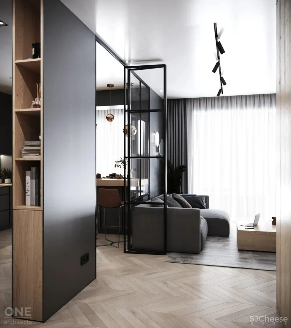 55㎡现代一居室,黑色 木色,舒适大方!