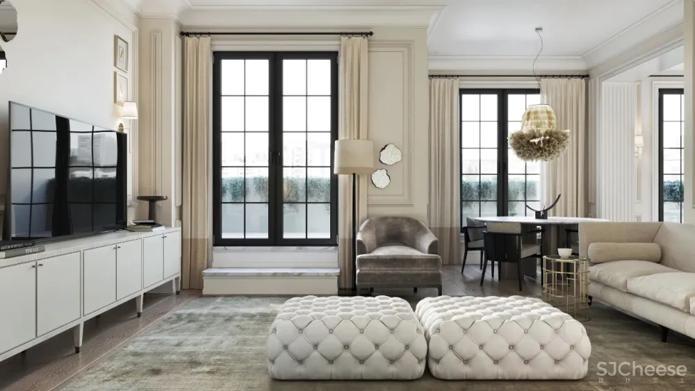 精致的石膏线条与黄铜，这样恰到好处的轻奢风甜而不腻，华丽而不俗气