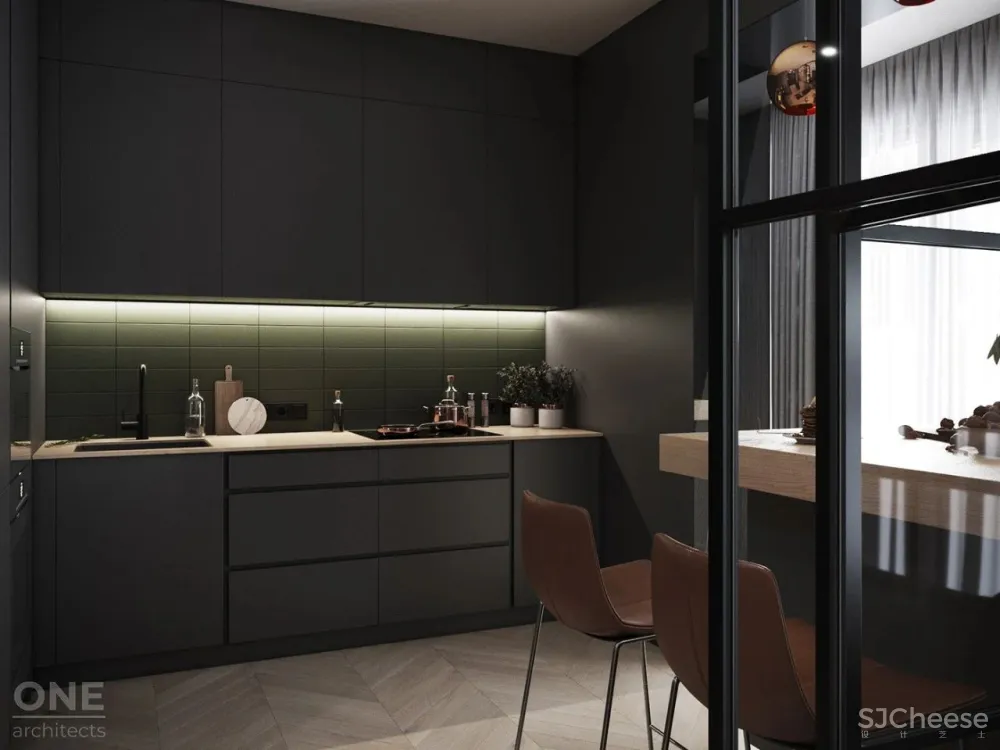 55㎡现代一居室,黑色 木色,舒适大方!