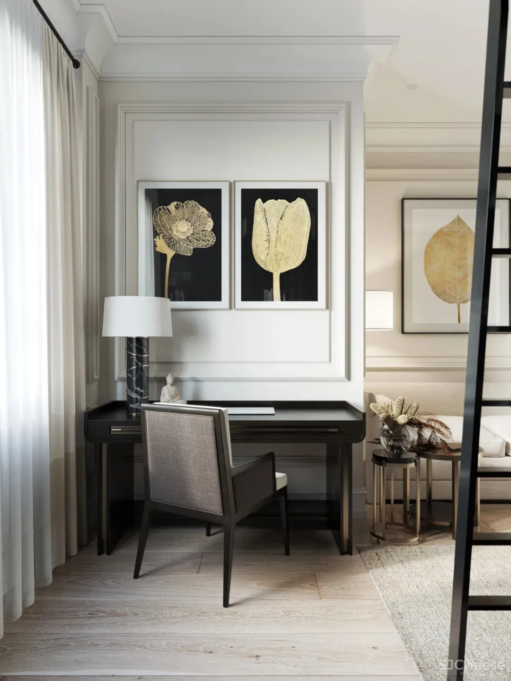 精致的石膏线条与黄铜，这样恰到好处的轻奢风甜而不腻，华丽而不俗气