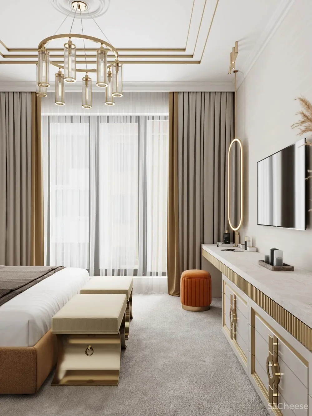 126㎡三居室,金色 白色的搭配,意想不到的高级感!
