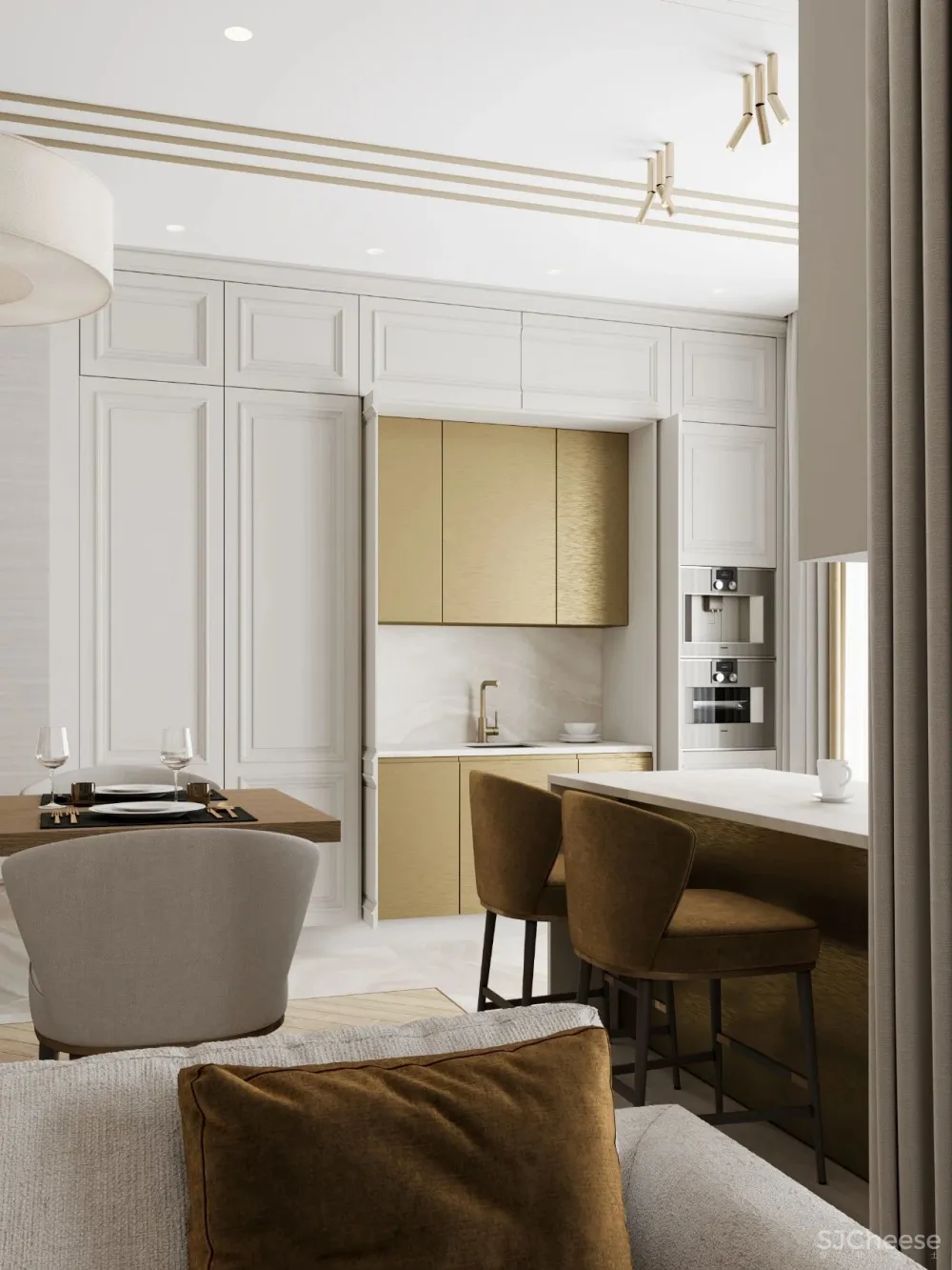 126㎡三居室,金色 白色的搭配,意想不到的高级感!