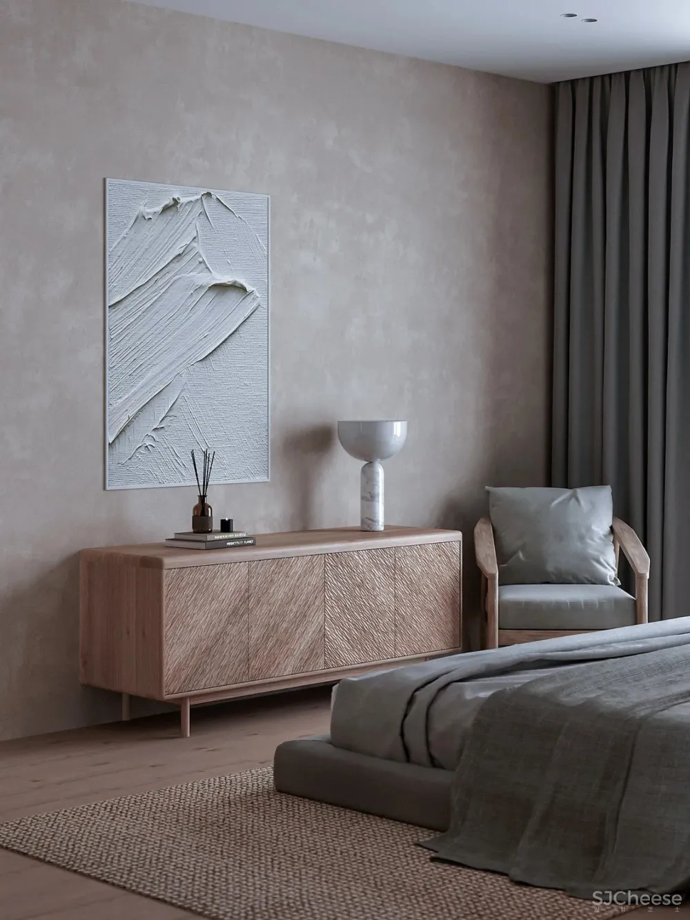 极简的卧室设计,木与石的搭配温暖又高级