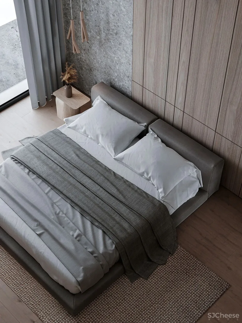 极简的卧室设计,木与石的搭配温暖又高级