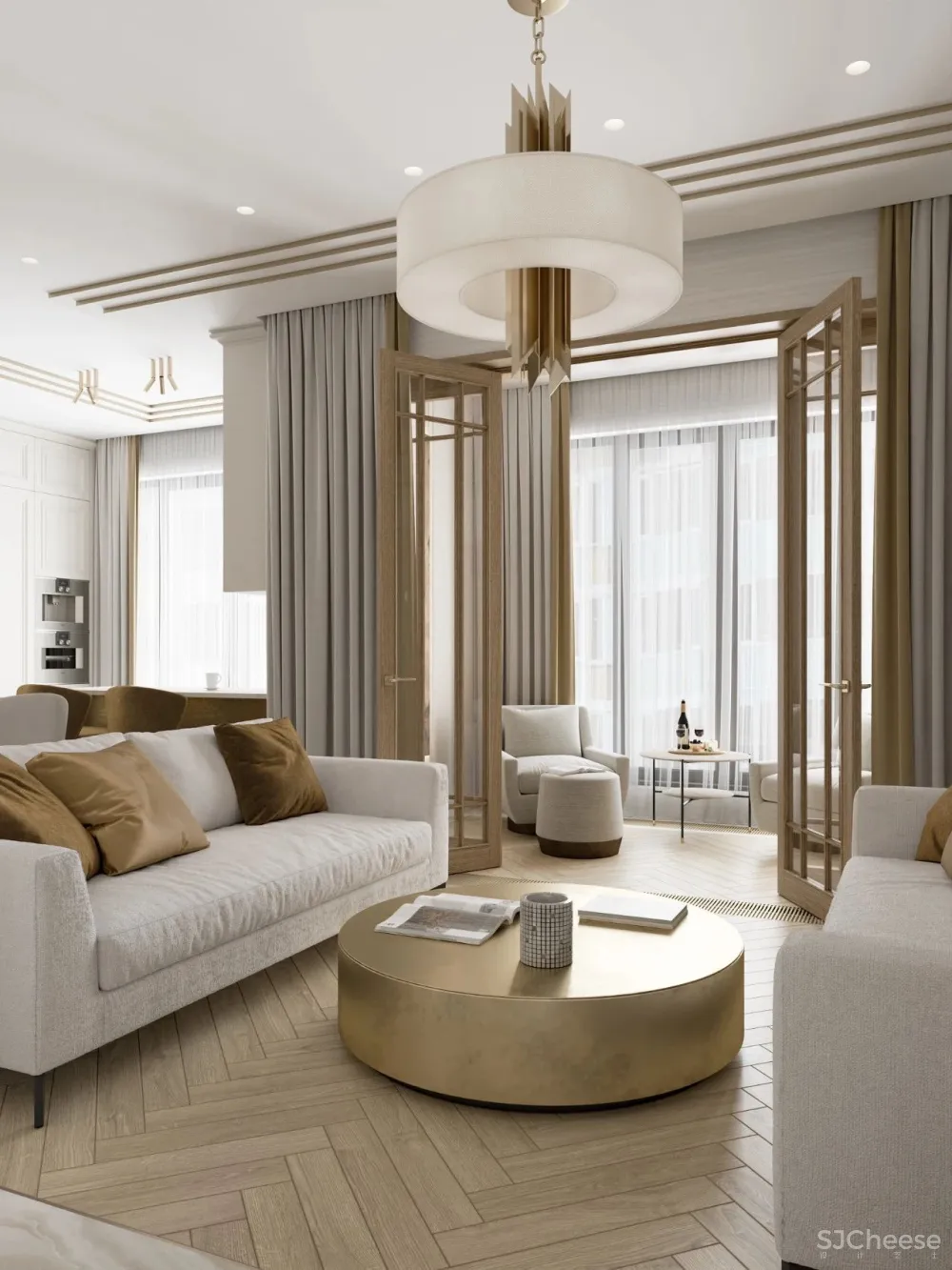126㎡三居室,金色 白色的搭配,意想不到的高级感!