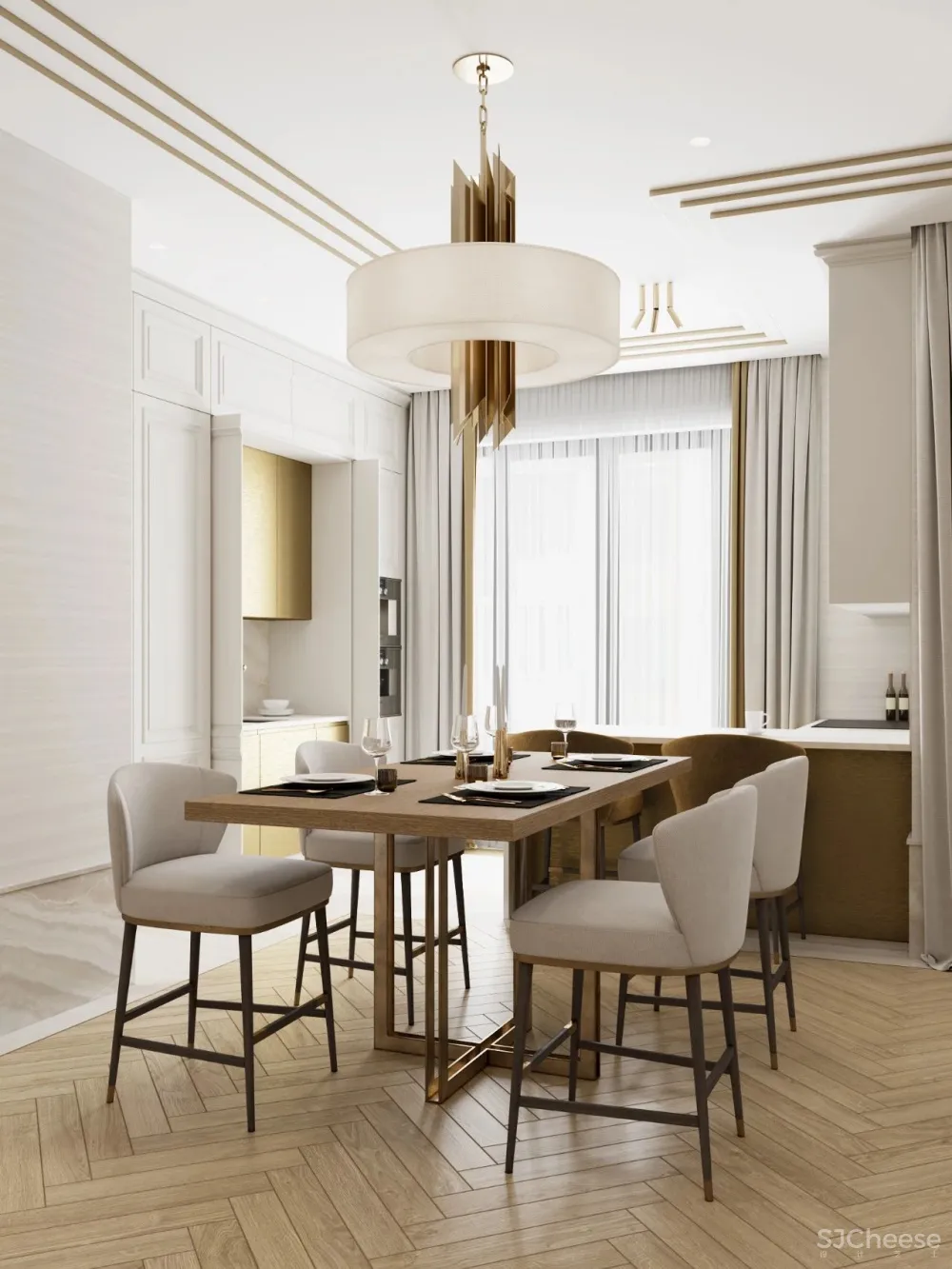 126㎡三居室,金色 白色的搭配,意想不到的高级感!