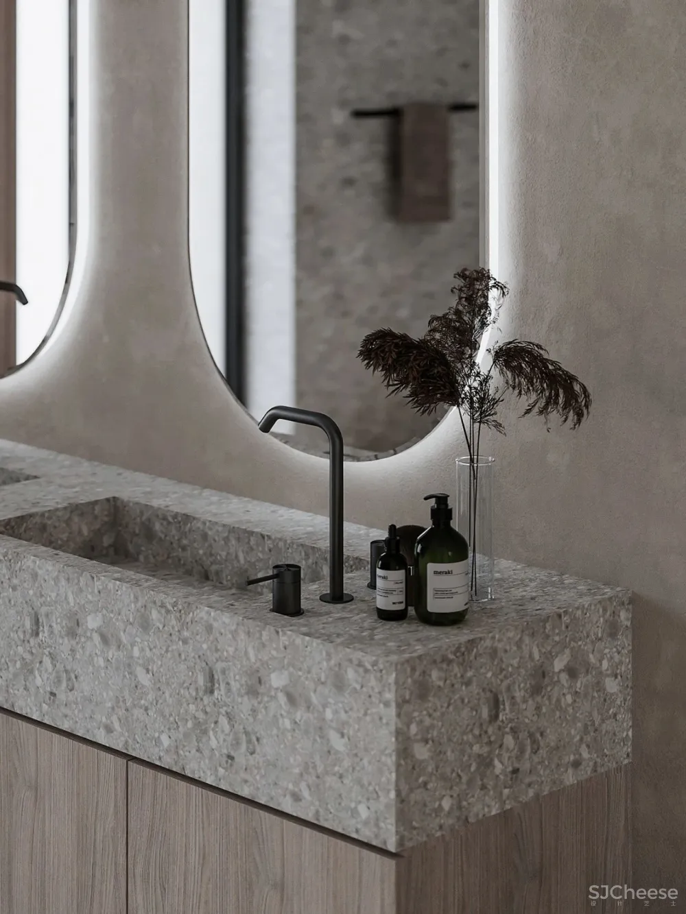 极简的卧室设计,木与石的搭配温暖又高级