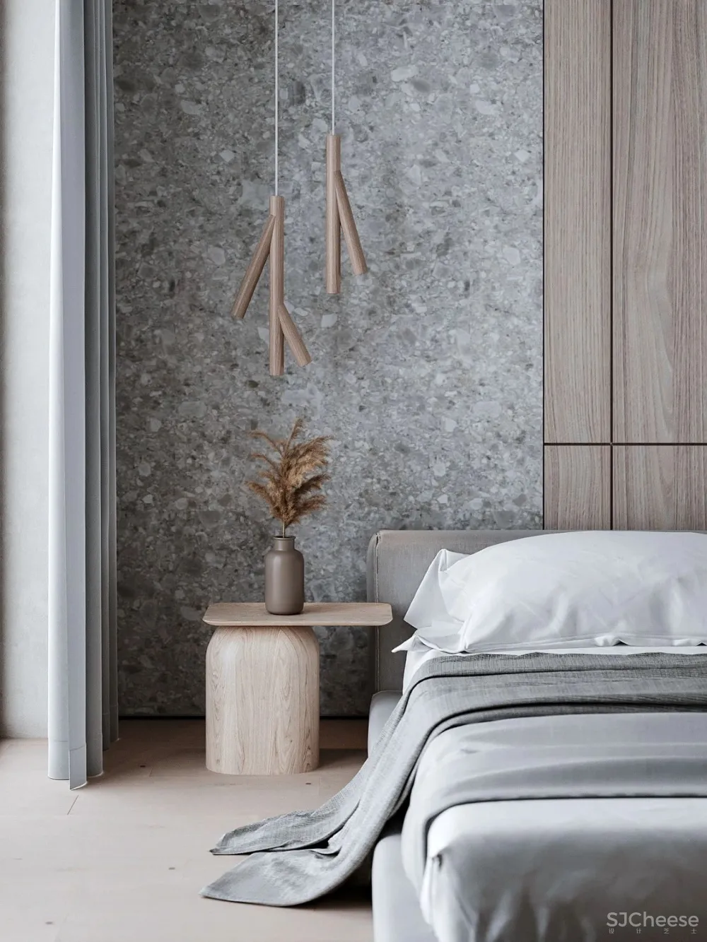 极简的卧室设计,木与石的搭配温暖又高级