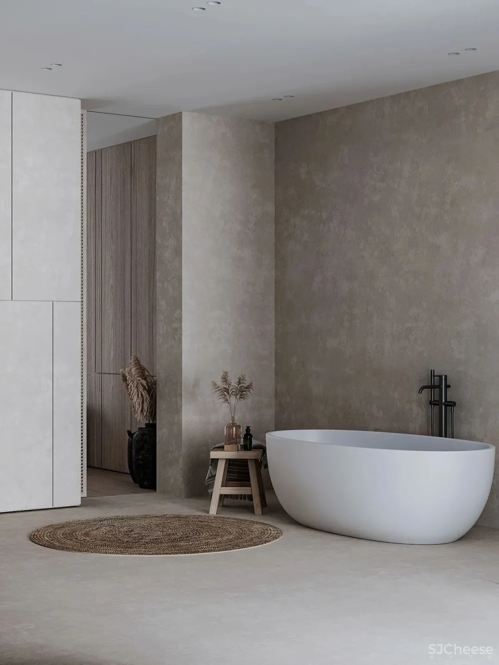 极简的卧室设计,木与石的搭配温暖又高级