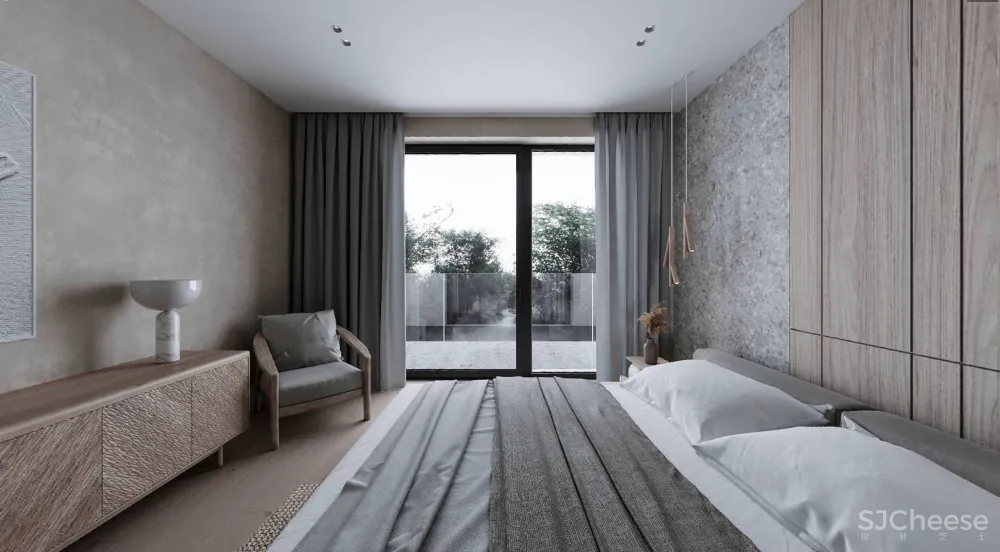 极简的卧室设计,木与石的搭配温暖又高级