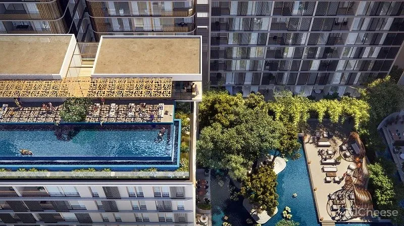 大尺度22米高人工瀑布 顶层无边泳池 生态豪宅新玩法