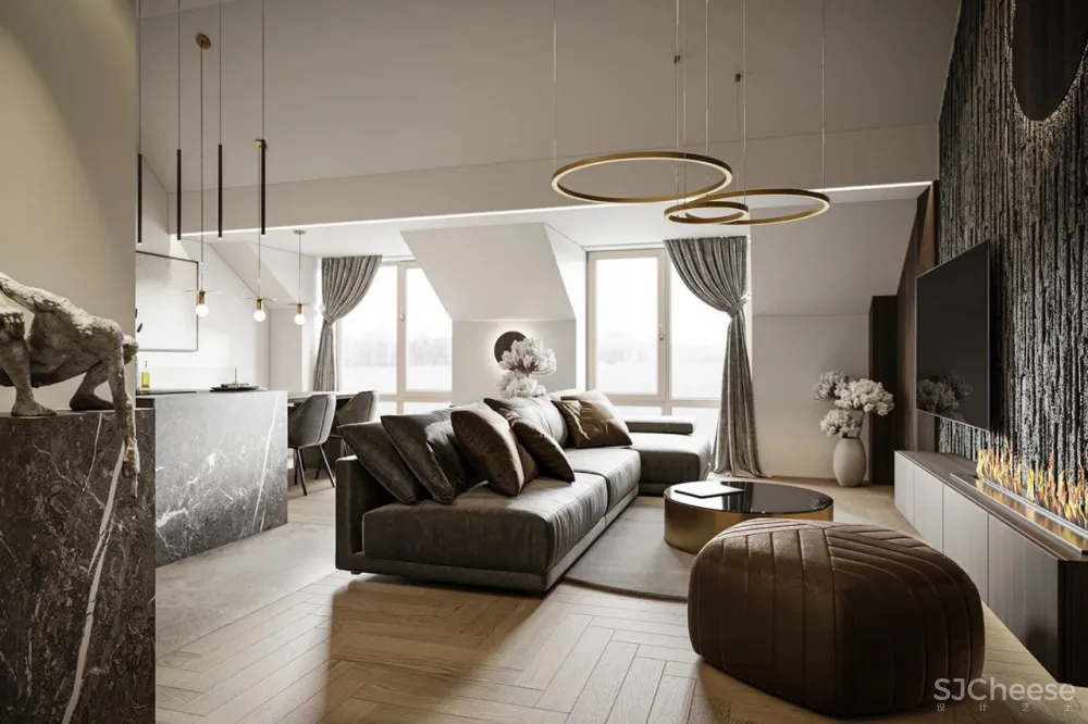 高级灰 黄铜，110㎡现代轻奢私宅