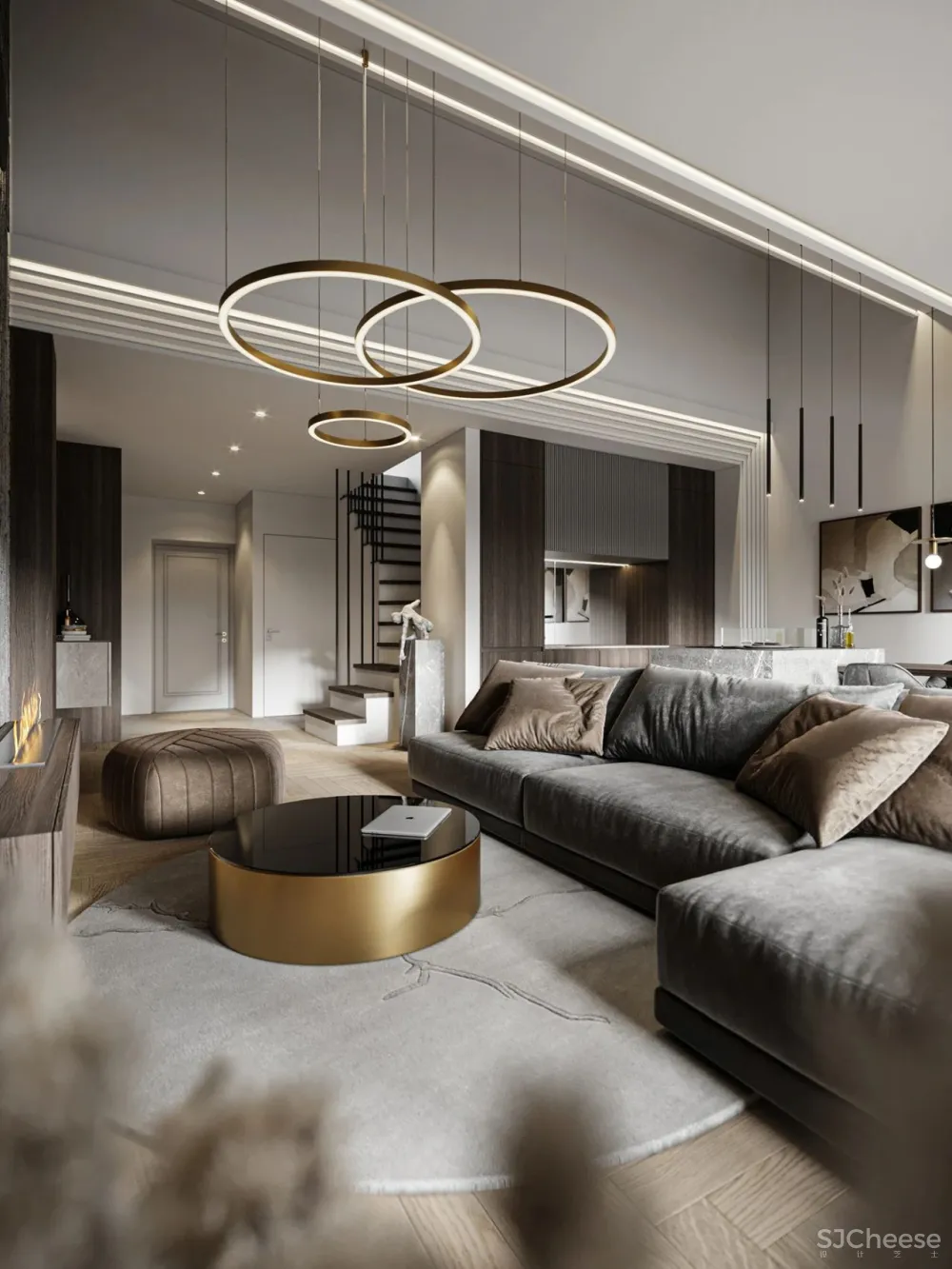 高级灰 黄铜，110㎡现代轻奢私宅