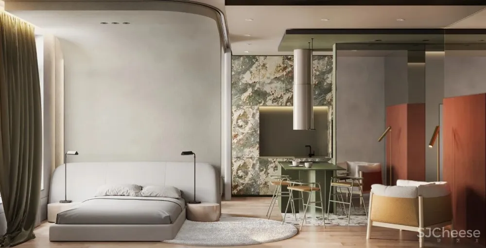 一室户小公寓,用色彩与材料搭配出时髦感!