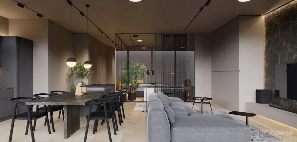 高级黑一室户,卧室用玻璃隔断,空间更通透