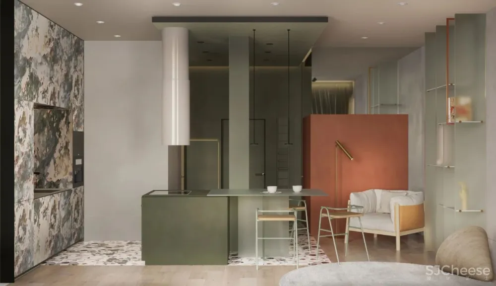 一室户小公寓,用色彩与材料搭配出时髦感!