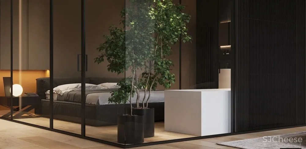 高级黑一室户,卧室用玻璃隔断,空间更通透