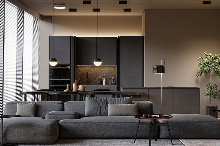 高级黑一室户,卧室用玻璃隔断，空间更通透