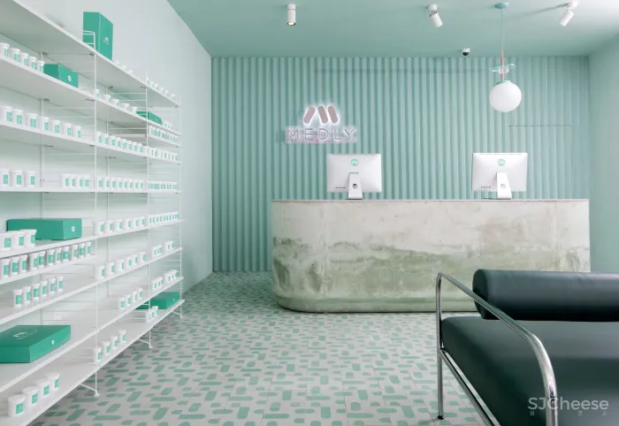 Pharmacy app opens Brooklyn waiting room featuring calming turquoise tones