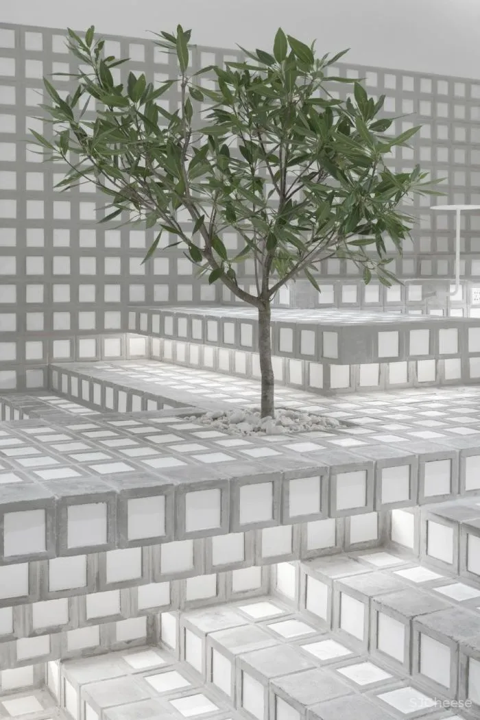 曼谷%咖啡店,手工瓷砖和砌块构建整个空间的想法。